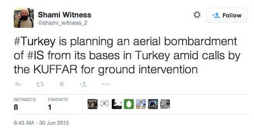 An ISIS sympathizer uses Twitter to warn followers of an impending aerial attack by Turkish forces