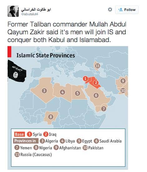 This map displaying ISIS “provinces” across Africa and Asia has been posted on Twitter by a number of ISIS sympathizer accounts